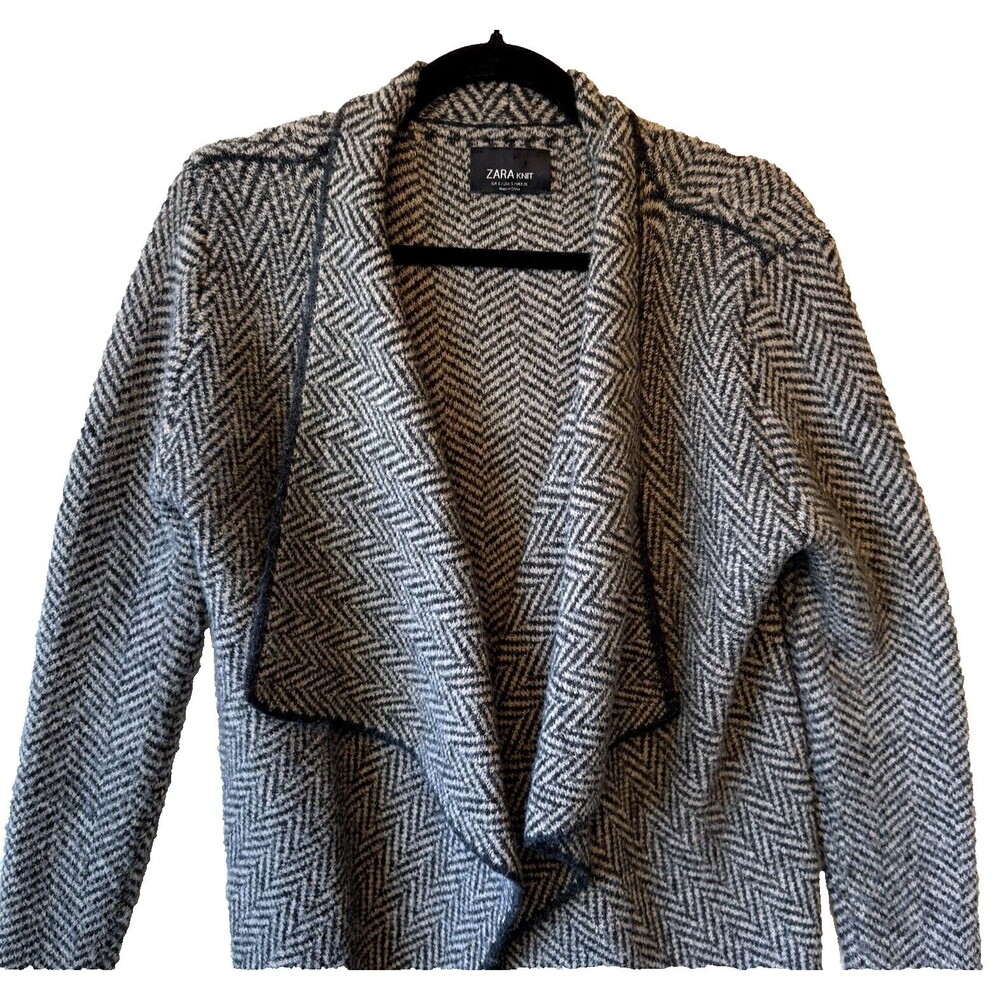 ZARA Sweater Cardigan Small Herringbone Dark Brown Black Open Front Black Trim - Picture 3 of 9